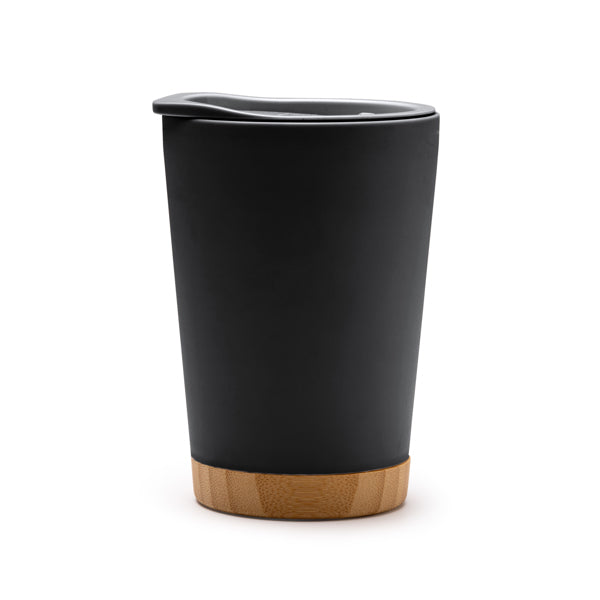 Mirin - Vaso con cuerpo de PP reciclado de doble pared y base de bambú - Negro