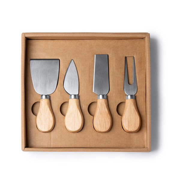 Edam - Set para quesos con 4 utensilios de acero inoxidable y mango de madera - Crudo