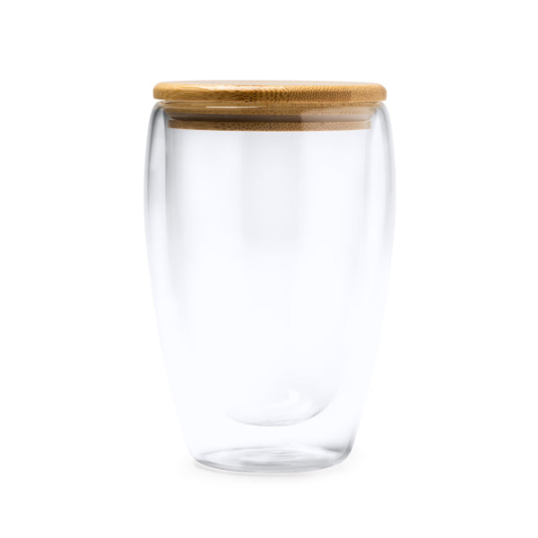 Vertus - Vaso de doble pared realizado en cristal borosilicato con tapa de bambú - Transparente