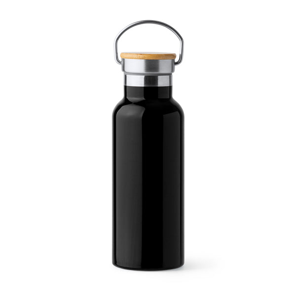 Tiset - Bidón de acero inoxidable 304 doble pared con tapa de bambú - Negro