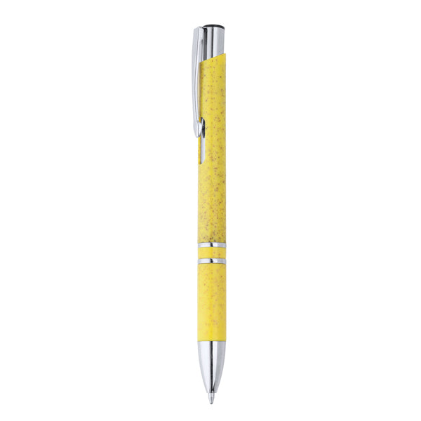 Hayedo - Bolígrafo pulsador de fibra de trigo y ABS con acabados plateados - Amarillo