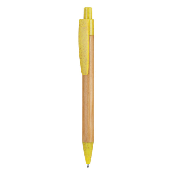Stoa - Bolígrafo pulsador con cuerpo de bambú y accesorios en fibra de trigo / ABS - Amarillo/Crudo